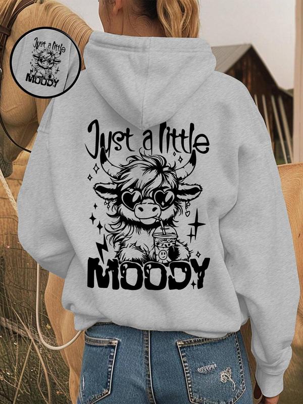 Women's Cartoon Highland Cow Print Drop Shoulder Hoodie, Fashion Casual Letter Print Drawstring Pocket Hooded Sweatshirt for Daily Holiday Outdoor Wear, Women Clothing for Fall & Winter