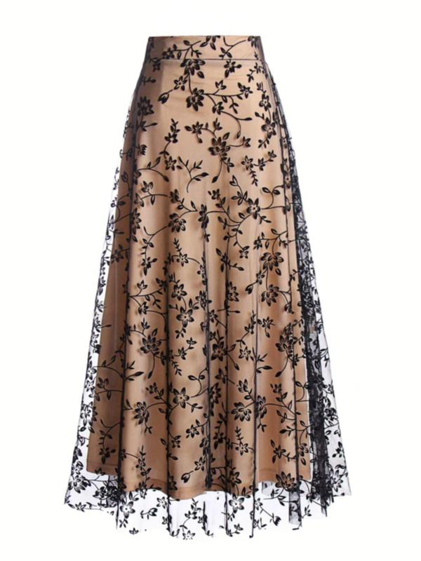 Women's Floral Embroidery Contrast Mesh A Line Skirt, Elegant High Waist Midi Skirt for Party Holiday Wedding Guest, Ladies Bottoms for All Seasons Long Skirt