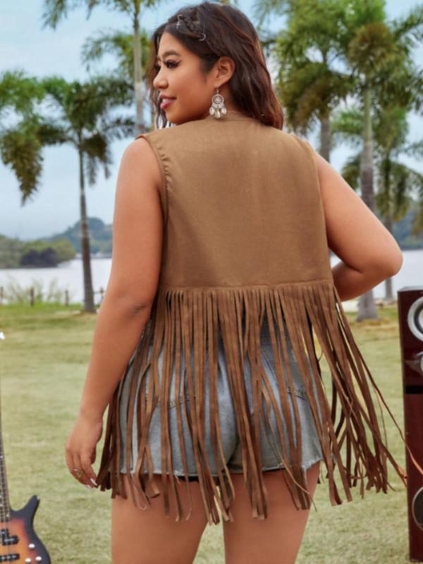 Plus Size Plain Fringe Trim Blouse, Boho Sleeveless Top for Daily Holiday Vacation Wear, Women's Clothes for All Seasons