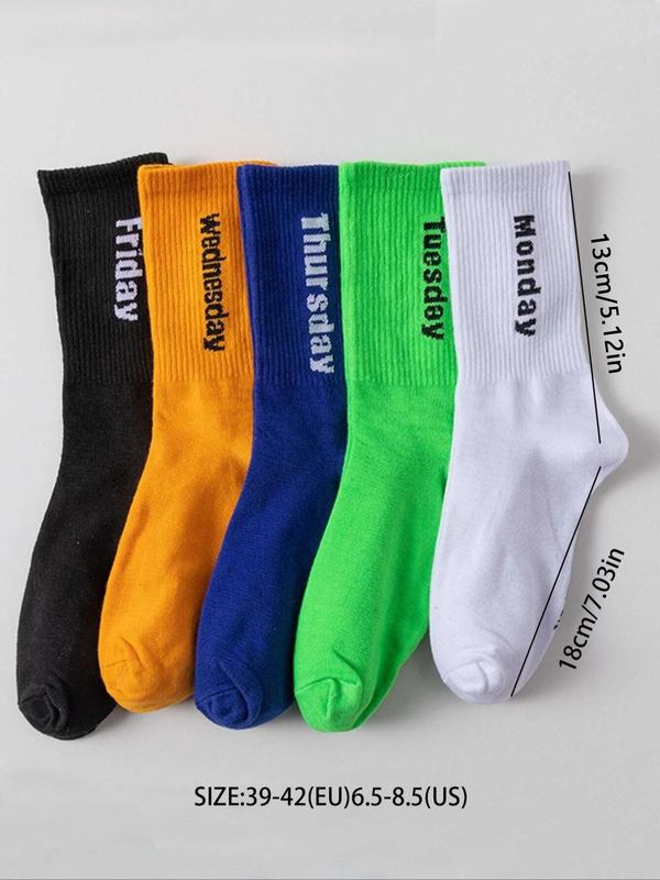 Women's 5 Pairs Letter Print Mid-calf Socks, Athletic Running Socks, Soft Comfort Breathable Socks for Women, Mixed Color Mid Tube Socks, Multipack Ribbed Knit Crew Socks, Women's Socks & Hosiery