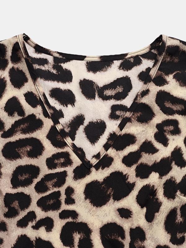 YOZY Women's Leopard Print Shirred Bishop Sleeve Blouse, Casual Long Sleeve V Neck Top for Daily Wear, Ladies Clothes for All Seasons