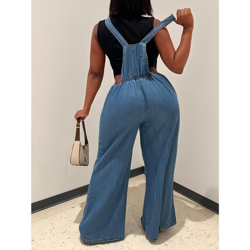 Women Fashion Denim Cargo Pants, Casual Wide Leg Jumpsuit, Adjustable Straps Sleeveless Jeans, Women Street Style Cargo Pants