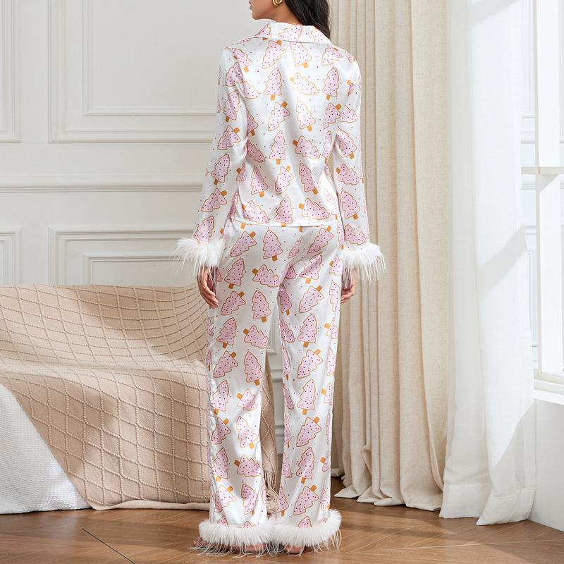 Women's Christmas 2 Pcs Pajama Set Long Sleeve Xmas Print Shirt Tops with Pants Sleepwear Loungewear Xmas Pjs