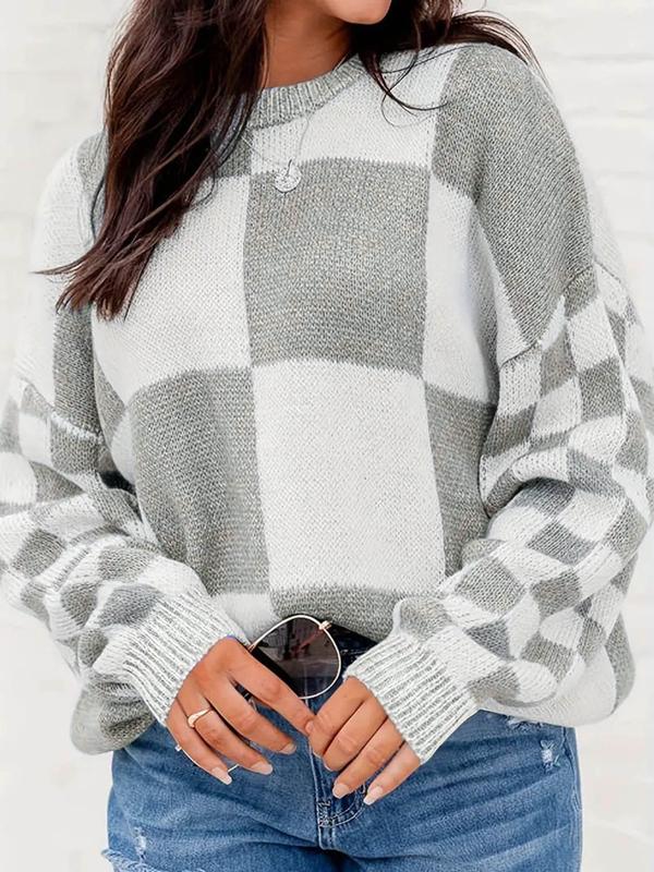 Women's Plaid Print Drop Shoulder Sweater, Casual Long Sleeve Round Neck Jumper for Fall & Winter, Fall Clothing Women, Going Out Tops, Fashion Ladies' Knitwear for Daily Wear