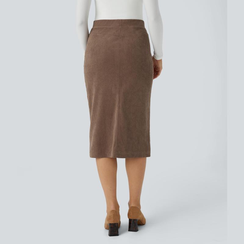 Halara Mid Rise Side Pocket Split Midi Corduroy Casual Skirt