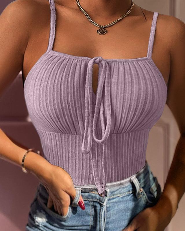 Chicme Tied Detail Ribbed Cami Top align tank croptopswomenlatina Fit Sleeve Spaghetti Spaghetti Strap