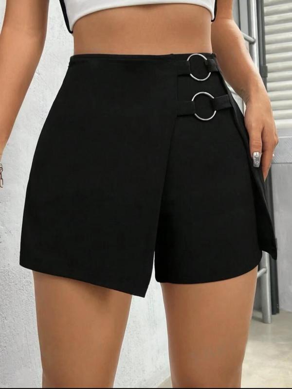 Women's Plain Asymmetrical Ring Linked Wrap High Waist Skort, Casual Comfy High Rise Shorts for Daily Wear, Ladies Bottoms for Summer