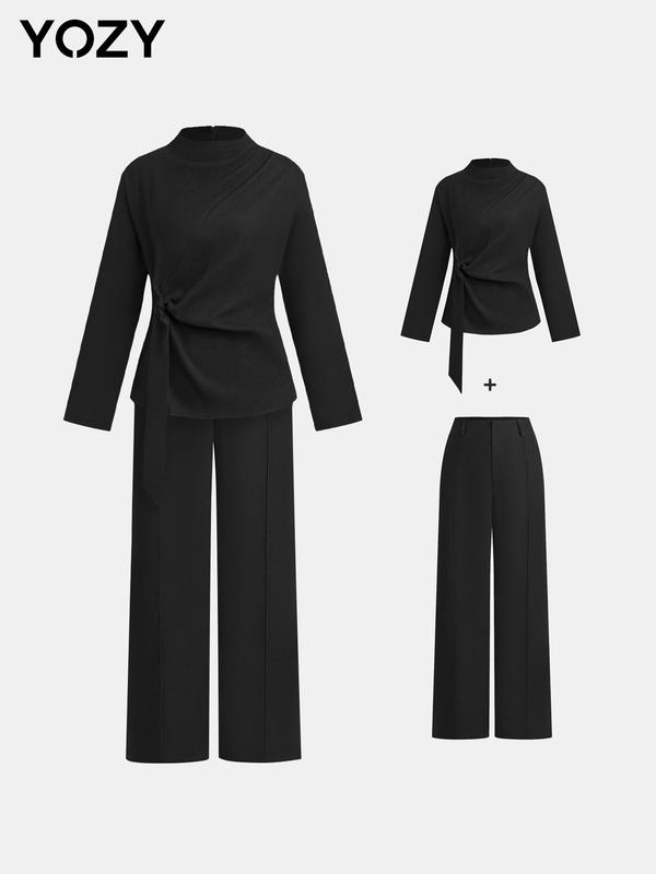 Black Friday Deals YOZY Two-Piece Set Women's Solid Twist Ribbon Front Drop Shoulder Top & Pants, Casual Mock Neck Zipper Back Long Sleeve Top & Straight Leg Trousers Set for Spring & Fall, Christmas 2024 Trend,Thanksgiving Outfits,Winter Outfits