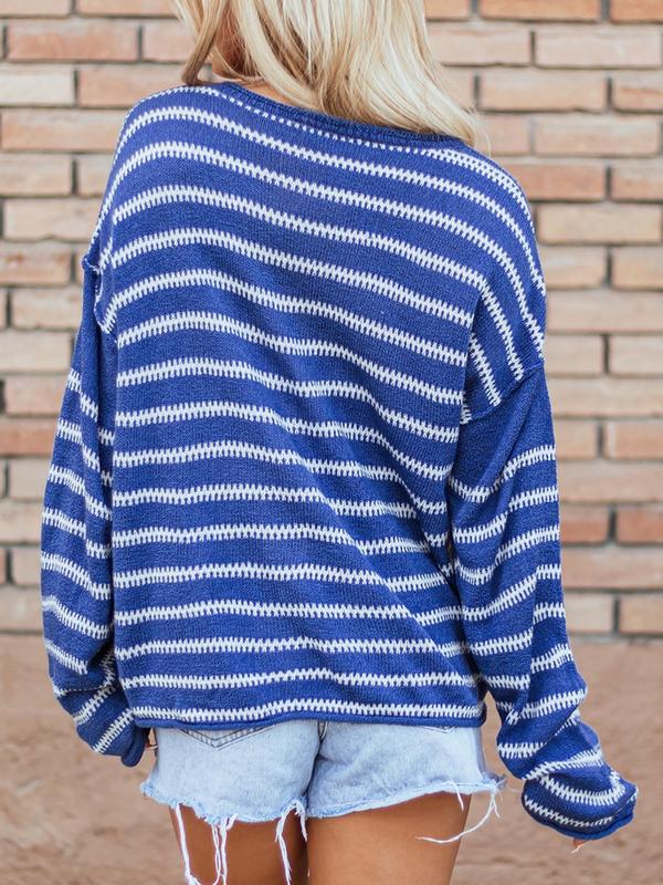 Women's Striped Print Drop Shoulder Sweater, Casual Top Stitching Long Sleeve Round Neck Jumper for Spring & Fall, Fashion Women's Knitwear for Daily Wear