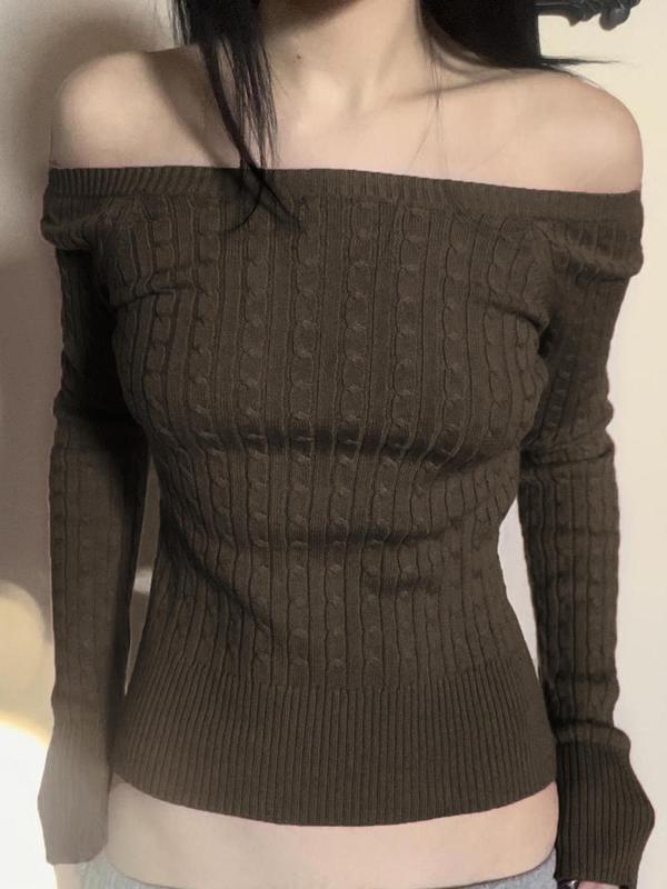 Women's Solid Off Shoulder Cable Knit Sweater, Casual Long Sleeve Jumper for Fall & Winter, Fashion Ladies' Knitwear for Daily Wear