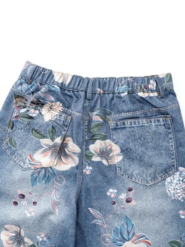 Unisex's Floral & Denim-effect Print Pocket Elastic Waist Straight Leg Pants, Street Fashion Casual Button Fly Trousers for Daily Wear, Unisex Bottoms for All Seasons