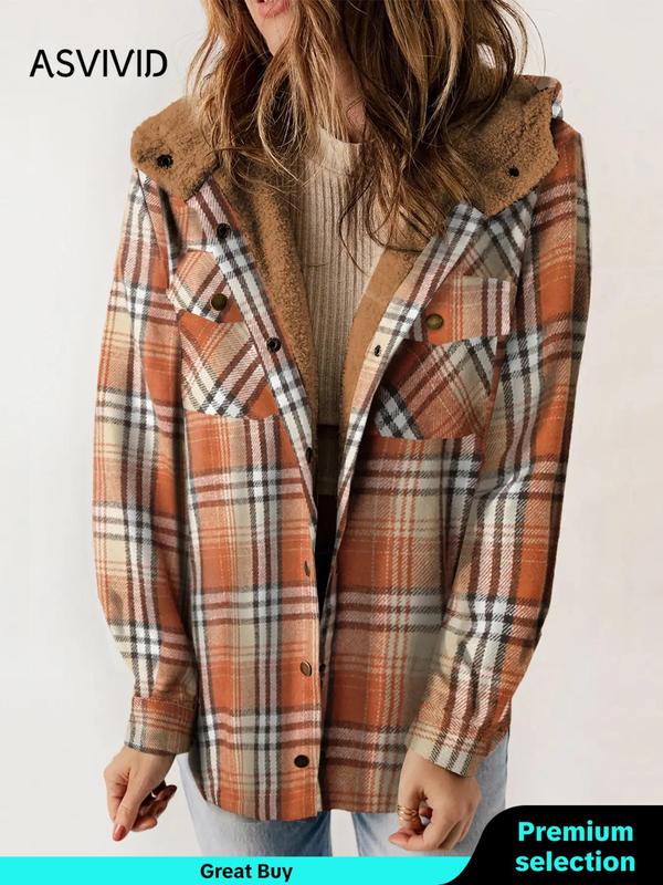 Women's Plaid Print Button Front Hooded Coat, Casual Mufti Clothes, Long Sleeve Pocket Coat for Fall, Ladies Outerwear for Daily Wear, Fall Outfits