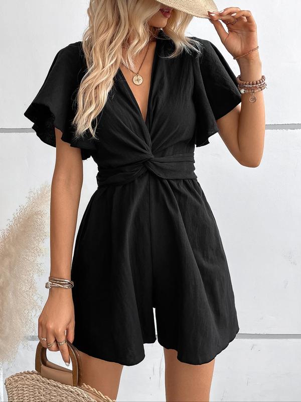 Women's Twist Butterfly Sleeve Romper, Casual V Neck Wide Leg Jumpsuit,  Rompers for Women, Ladies Summer Clothes for Daily Wear