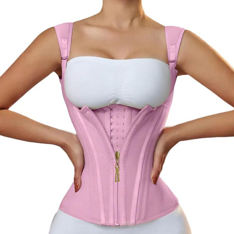 Sporty Women's Solid Color Zipper Open Bust Sports Waist Trainer Shapewear, Adjustable Hook & Eye Front Waist Cincher, Sports Tummy Control Compression Shaper, Workout Accessories