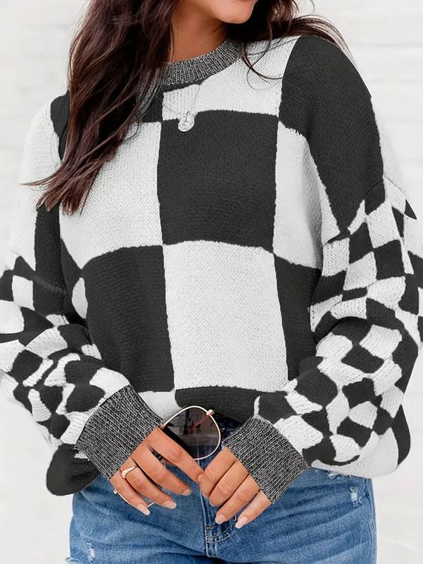 Women's Plaid Print Drop Shoulder Sweater, Casual Long Sleeve Round Neck Jumper for Fall & Winter, Fall Clothing Women, Going Out Tops, Fashion Ladies' Knitwear for Daily Wear