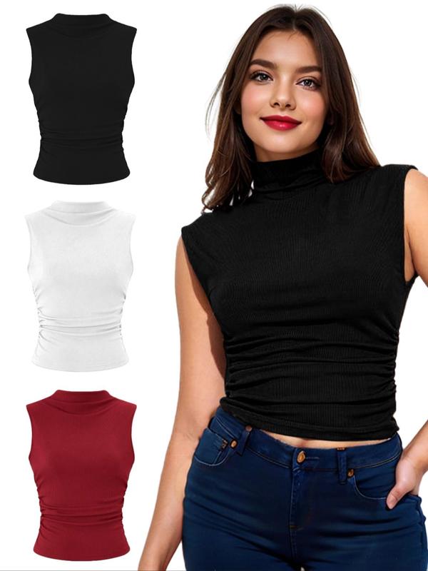 Womenswear Solid Color Mock Neck Ruched Tank Top, Comfort Basic Sleeveless Top for Daily Outdoor Wear, Minimalist Back To School Top, Summer Outfits, Y2k Clothes,  Downtown Girl Clothes