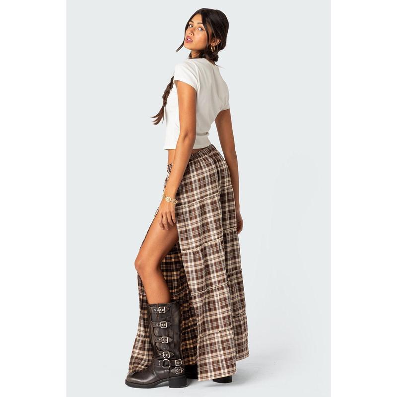 Plaid Side Slit Tiered Maxi Skirt