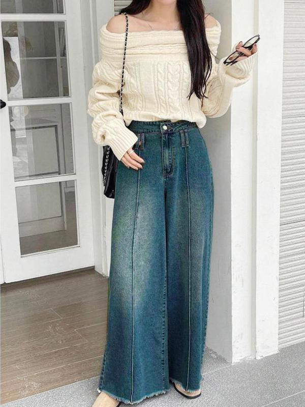 Women's Denim-effect Print Raw Hem Button Zipper Fly Straight Leg Pants, Casual Comfy Loose Natural Waist Trousers for Daily Wear, Ladies Bottoms for All Seasons, Pants for Women