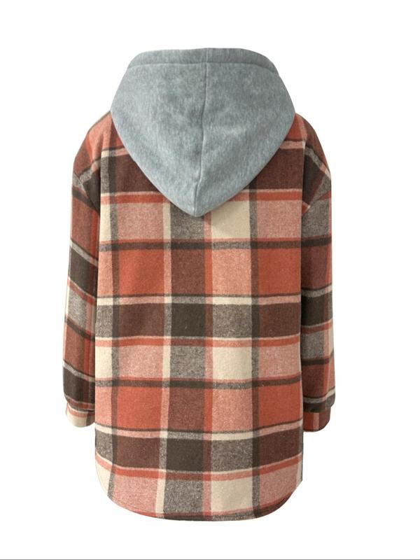 Women's Plaid Button Front Drop Shoulder Hooded Jacket, Casual Tops, Long Sleeve Drawstring Pocket Outerwear for Daily Wear, Winter Clothes Women 2024, Ladies Clothes for All Seasons