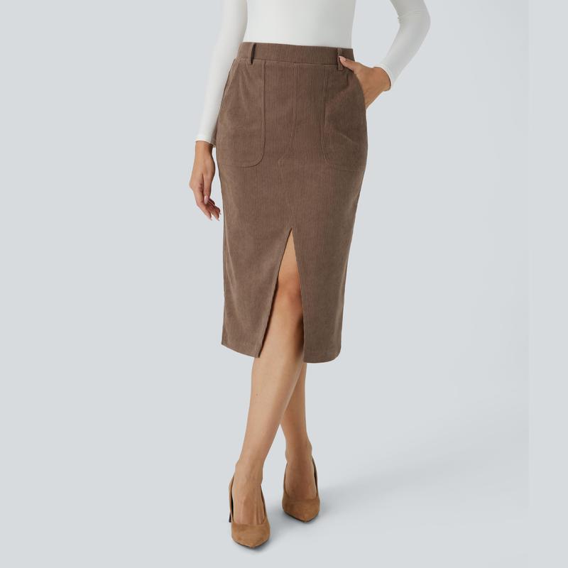 Halara Mid Rise Side Pocket Split Midi Corduroy Casual Skirt