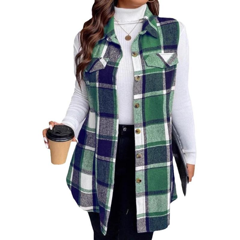 Autumn and Winter New Women's Clothing Fashion Plaid Sleeveless Lapel Side Pocket Shirt Vest Womenswear Tops