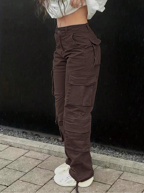 Women's Plain Flap Pocket Cargo Pants, Fall Clothes, Streetwear Casual Wide Leg Trousers for Fall Daily Wear, Ladies Bottoms Clothes for Fall