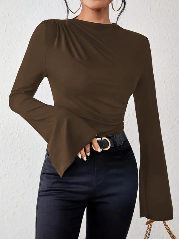 Women's Plain Ruched Flounce Sleeve Tee, Elegant Long Sleeve Stand Collar T-Shirt for Spring & Fall, Women's Top for Daily Wear