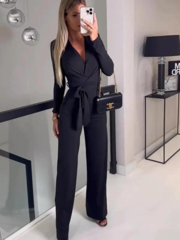 Women's Plain Wrap Straight Leg Jumpsuit, Trendy Belted V Neck Jumpsuit for Summer, Chic One-piece Outfits for Lady Spring & Fall Work Office Wear