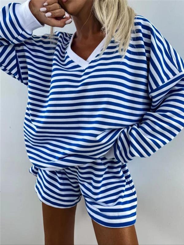 Women's Striped Print Drop Shoulder Tee & Elastic Waist Shorts Two-piece Set, Casual Fashion Cozy Breathable Two Piece Outfits for Daily Outdoor Wear, Women Clothes for Spring & Fall