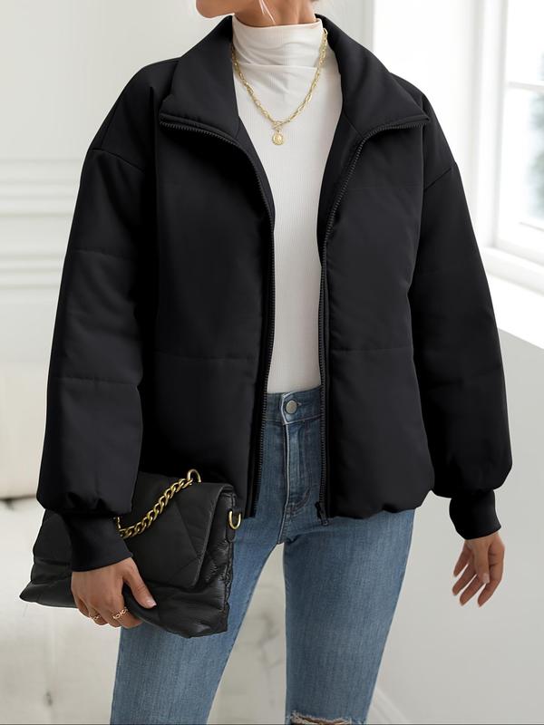 Women's Plain Funnel Neck Zip Up Thicken Warm Puffer Coat, Casual Trendy Long Sleeve Coat for Daily Outdoor Streetwear 2024 Trendy Women Winter Outfits Clothing Winter Clothes Women, Fall Clothes 2024