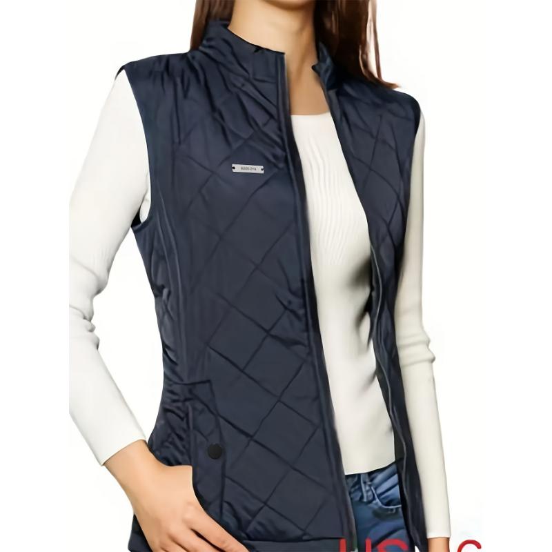 Quilted Puffy Vest for Fall & Winter, Zip-up Sleeveless Lapel Patch Vest with Pockets, Women's Casual Clothing