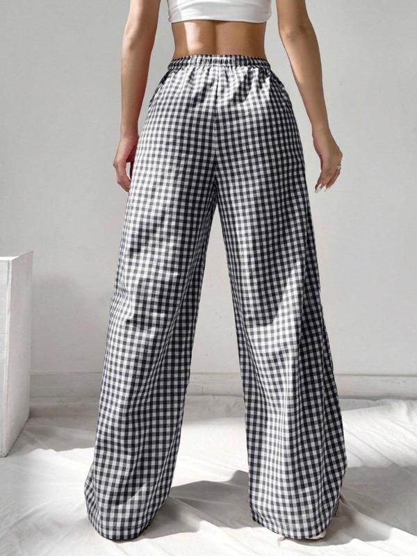 Women's Plaid Print Tie Front Wide Leg Pants, Casual Comfy Elastic Waist Pocket Trousers for Daily Wear, Ladies Bottoms for All Seasons,  Comfy Pants