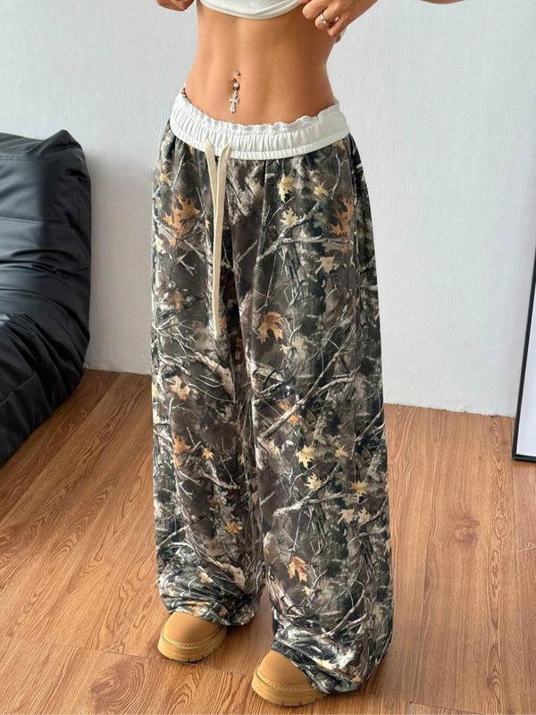 Women's Camo Print Drawstring Waist Wide Leg Pants, Casual Comfy Trousers for Daily Wear, Ladies Bottoms for Fall & Winter