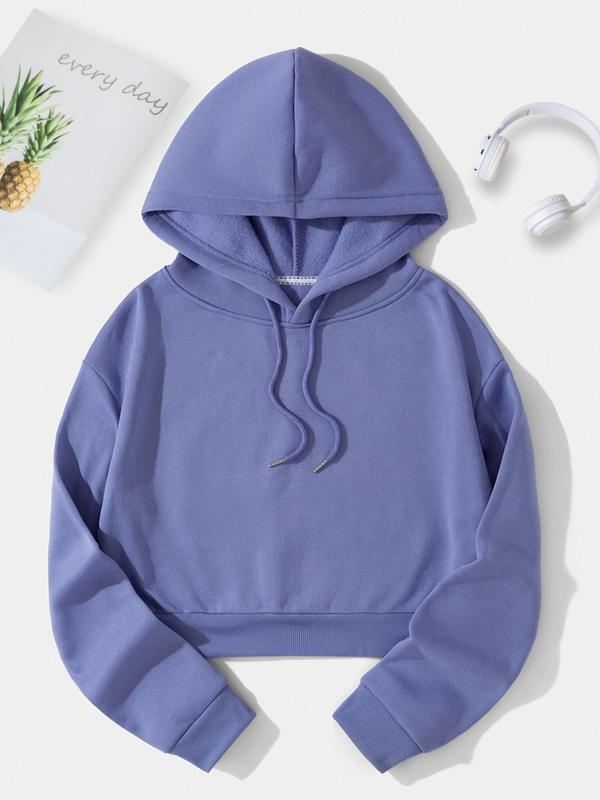 Women's Thermal Lined Plain Drawstring Drop Shoulder Fleece Hoodie, Mean Girls Outfit, Long Sleeve Short Hooded Pullover, Comfort Womenswear Tops