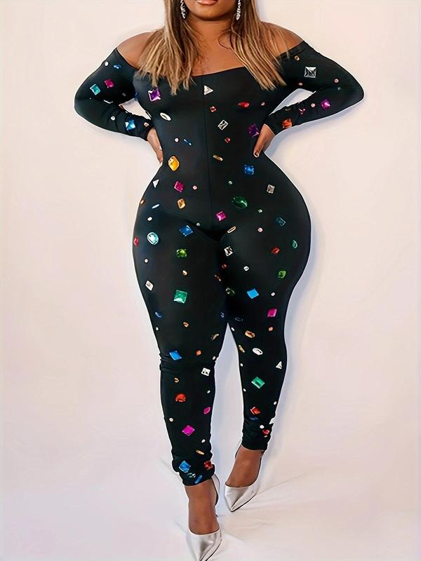  All Over Colorful Stone Print Off Shoulder Jumpsuit, Fashion Casual Long Sleeve Skinny Jumpsuit for Daily Outdoor Wear, Women Clothing for Fall & Winter