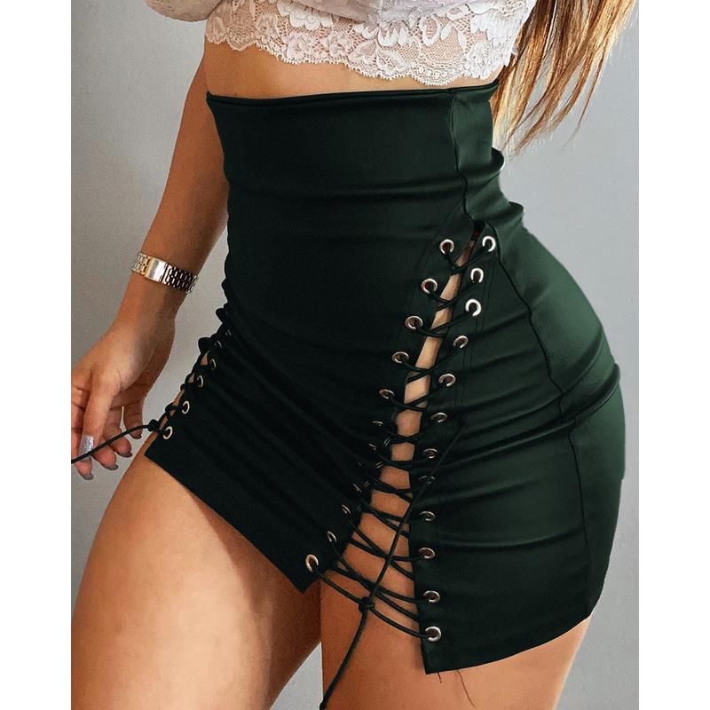 Women's High Waist Side Lace-up Tight Leather Skirt