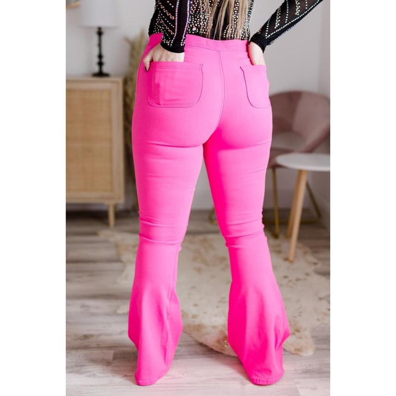 Fiona High Waisted Bell Bottom Flare Jeans - Pink