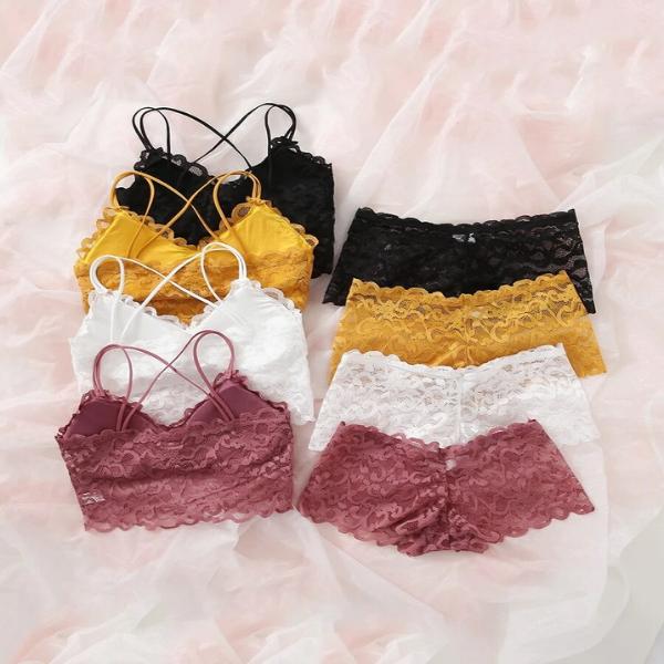 Floral Lace Criss Cross Lingerie Set for Women - 4 Pack Bra & Short Panties in 4 Colors - Comfort, Womenswear