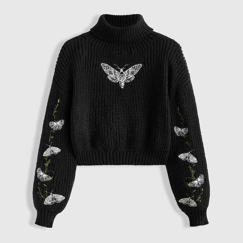 ROMWE Goth Fairycore Women's Insect Embroidery Pattern Black Pullover Turtleneck Sweater