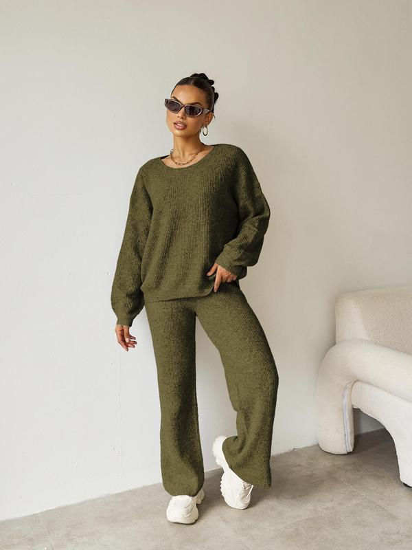 Two-piece Set Women's Solid Drop Shoulder Sweater & Elastic Waist Pants Set, Casual Fashion Cozy Knitwear Set for Daily Outdoor Wear,  2 Piece Sets Women, Women Knitwear Sets for Fall & Winter