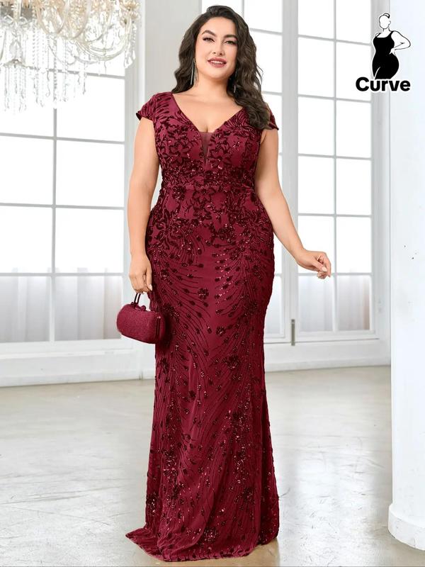 Plus Size Floral Sequins Backless Evening Dress, Elegant Deep V Neck Cap Sleeve Maxi Dress, Women's Formal Summer Clothes for Party Banquet