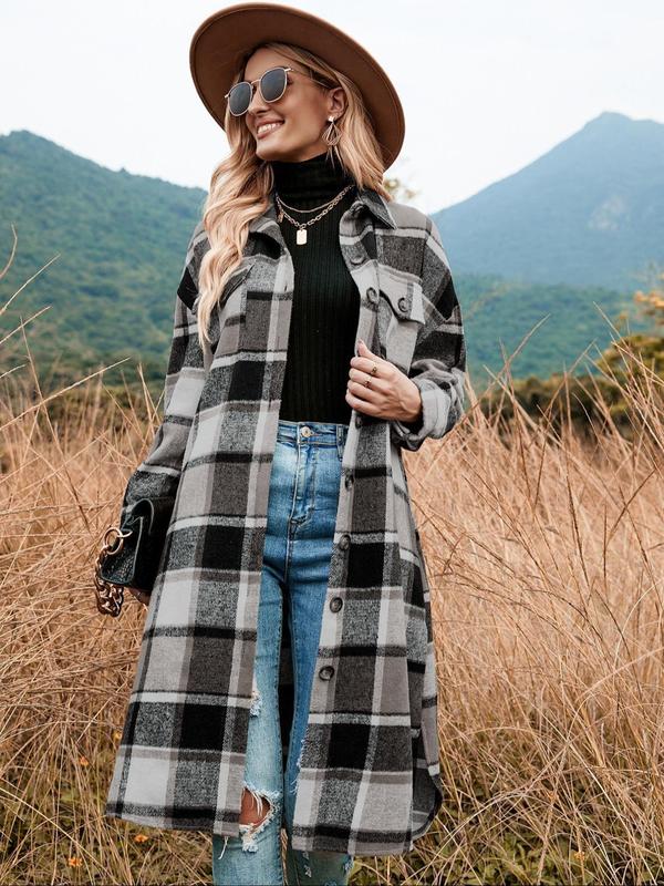 Women's Plaid Print Button Front Split Side Coat, Casual Comfy Long Sleeve Collared Outerwear for Fall & Winter, Ladies Clothes for Daily Wear