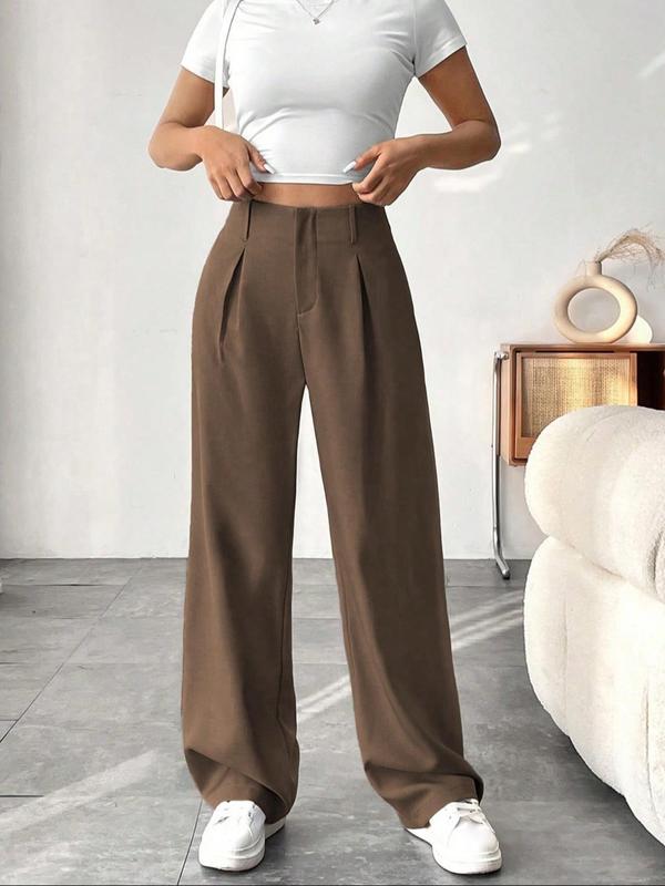 Women's Solid Plicated Pocket Straight Leg Pants, Casual Comfy Trousers for Daily Wear, Ladies Bottoms for Fall & Winter