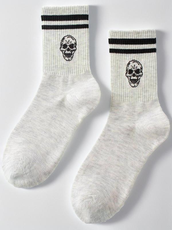 Women's 1 Pair Skull & Striped Pattern Crew Socks, Sporty Casual Mid-calf Socks, Ribbed Knit Socks for Women, Women's Socks & Hosiery