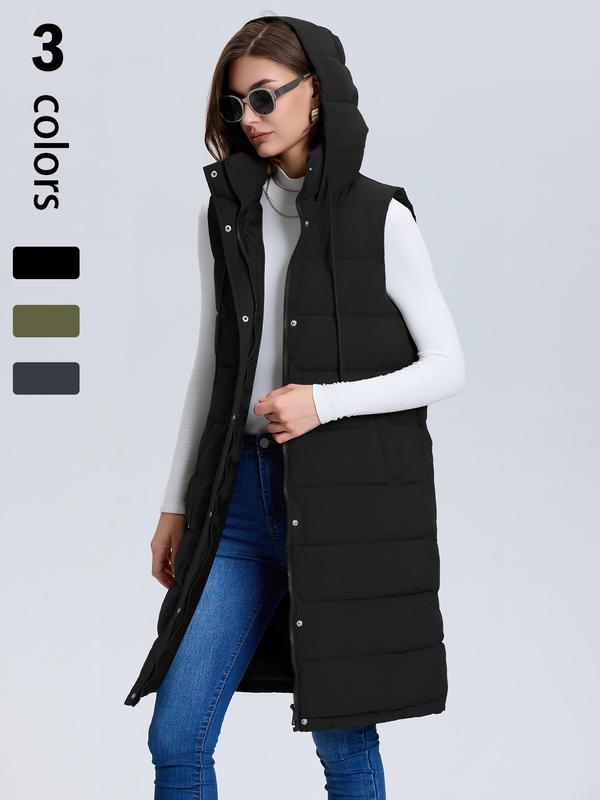 Women's Solid Button Front Drawstring Hooded Sports Vest Coat, Casual Sporty Pocket Zipper Outerwear for Fall & Winter, Women's Clothing for Daily Wear