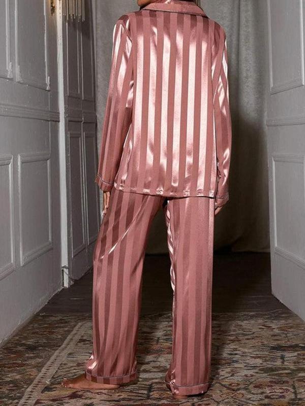 Two-piece Set Chic Striped Print Contrast Binding Satin Pajama Set, Elegant Style Comfortable Long Sleeve Pocket Shirt & Pants Loungewear Nightwear Set, Lady Homewear, Summer Wear 2024, Womenswear Pyjamas, Pajama Sets Women, Please Purchase A Size Up