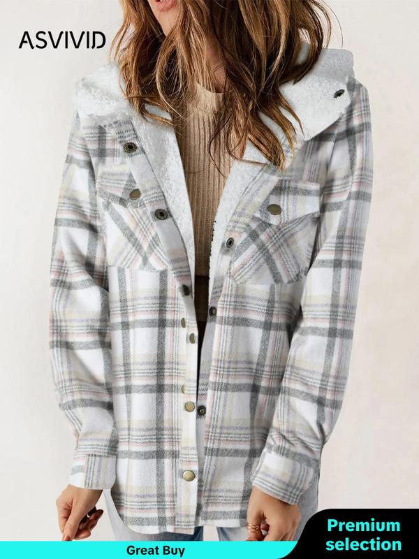 Women's Plaid Print Button Front Hooded Coat, Casual Mufti Clothes, Long Sleeve Pocket Coat for Fall, Ladies Outerwear for Daily Wear, Fall Outfits