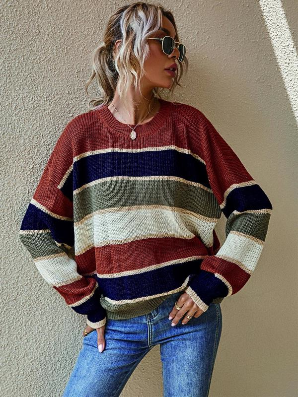  Patchwork Print Drop Shoulder Sweater, Casual Long Sleeve Round Neck Jumper for Fall & Winter, Women's Clothing for Daily Wear