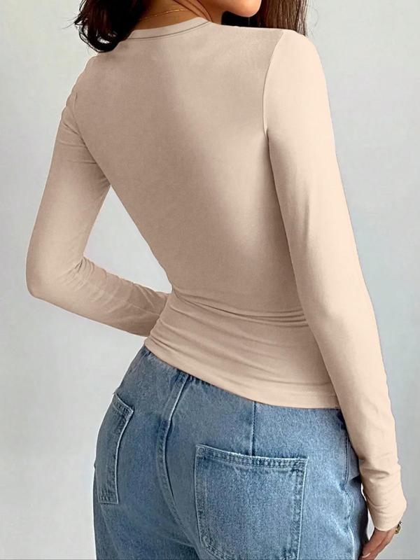 Women's Solid Color Long Sleeve Crew Neck Tee, Casual Basic T-shirt for Fall & Winter, Women's Top for Daily Wear