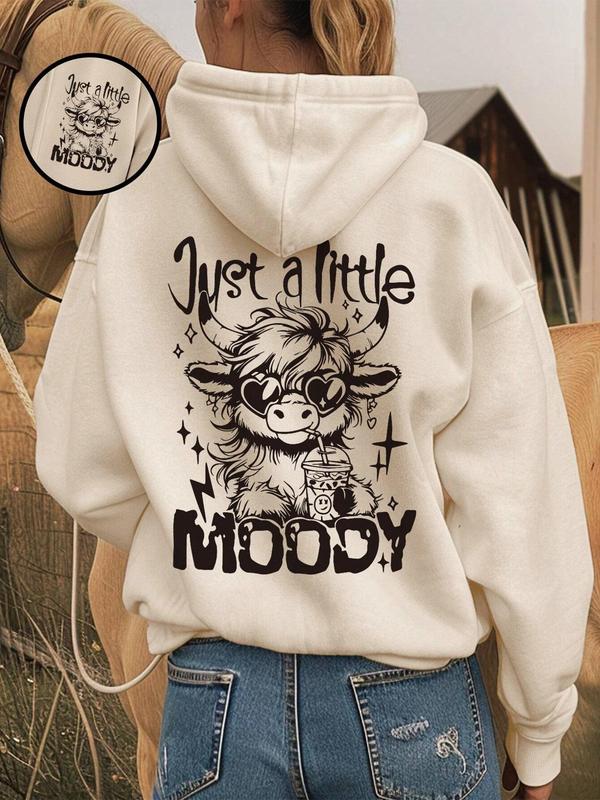 Women's Cartoon Highland Cow Print Drop Shoulder Hoodie, Fashion Casual Letter Print Drawstring Pocket Hooded Sweatshirt for Daily Holiday Outdoor Wear, Women Clothing for Fall & Winter